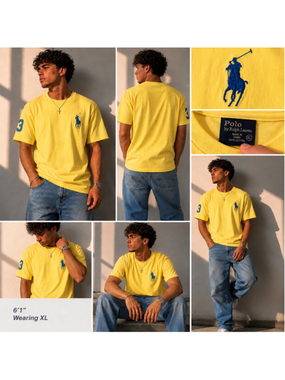 Polo Ralph Lauren Yellow Big Pony T-Shirt Men’s XL Blue Pony Logo #3 Sleeve